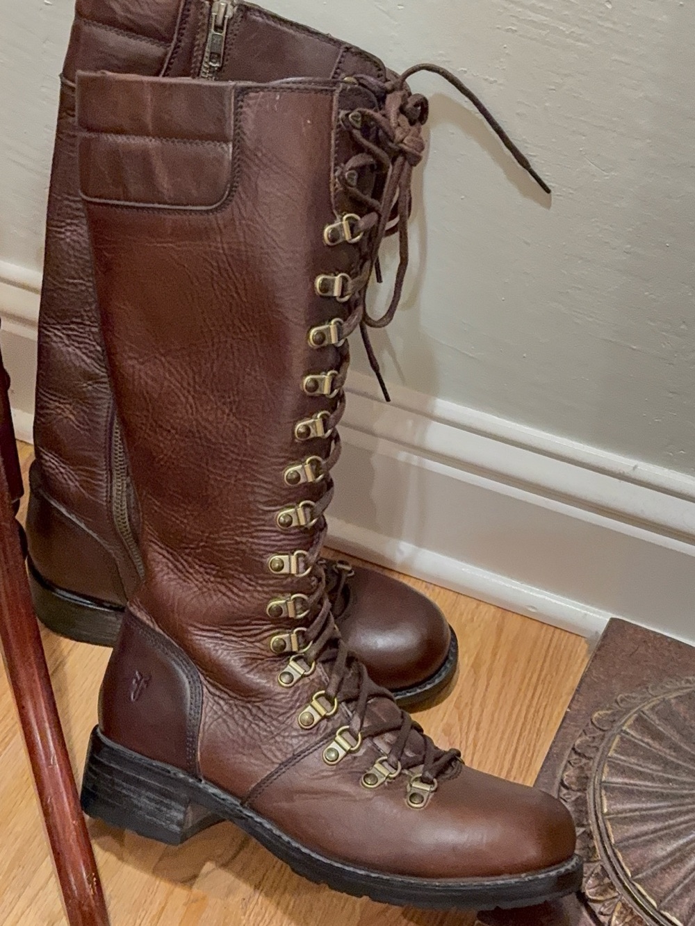 Black Label Frye Dark Brown Knee-High Lace-Up Boots amazing condition RARE - Picture 10 of 12